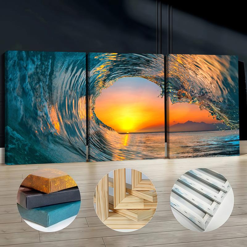 3Pcs Wooden Framed Canvas Painting, Ocean Sunset Beach Waves Scene, Exquisite Poster, Home Decoration, Pattern Wall Art Decor, For Living Room, Bedroom, Office, Restaurant, Bar Wall Decor, Odorless, Painting, Print Artwork. 3Pcs Wooden Framed Canvas Painting, Ocean Sunset Beach Waves Scene, Exquisite Poster, Home Decoration, Pattern Wall Art Decor, For Living Room, Bedroom, Office, Restaurant, Bar Wall Decor, Odorless, Painting, Print Artwork.