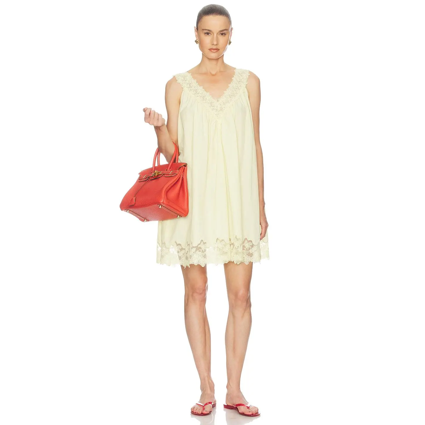 Helsa Mini Dress With Lace in Tech Poplin in Yellow With Yellow Lace