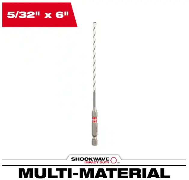 Milwaukee 48-20-8882 SHOCKWAVE Impact Duty Carbide Drill Bit, 5/32" x 4" x 6", 1/4" Hex Shank, Aluminum/Block/Brick Compatible, 85% Faster Drilling Speeds, Carbide Tip, Hammer Drills, 10X Longer Life, Backerboard