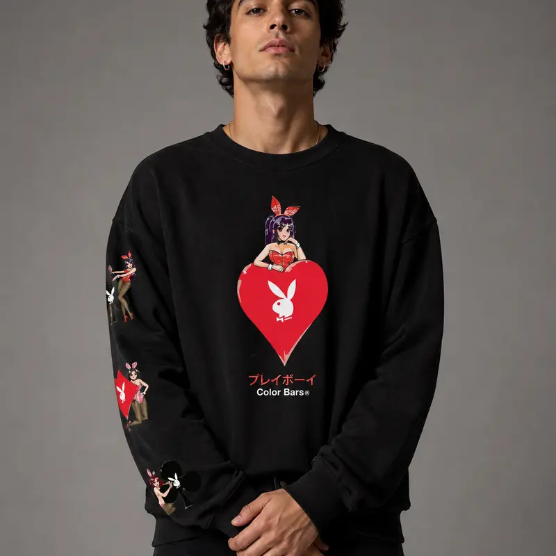 Playboy Ace of Hearts 3.0 Men's Casual Crew Neck Graphic Sweatshirt - Polyester, Pull-On, Machine Washable Fashion Streetwear Top