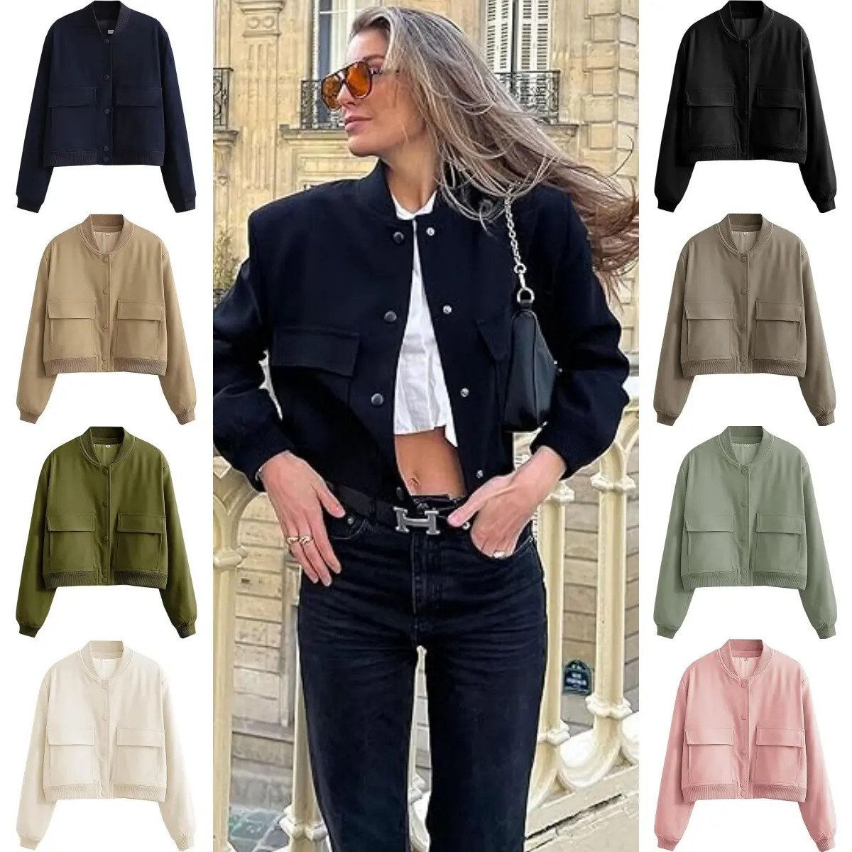 Women's Button Down Bomber Jacket Drop Shoulder Short Cropped Coat Outwear