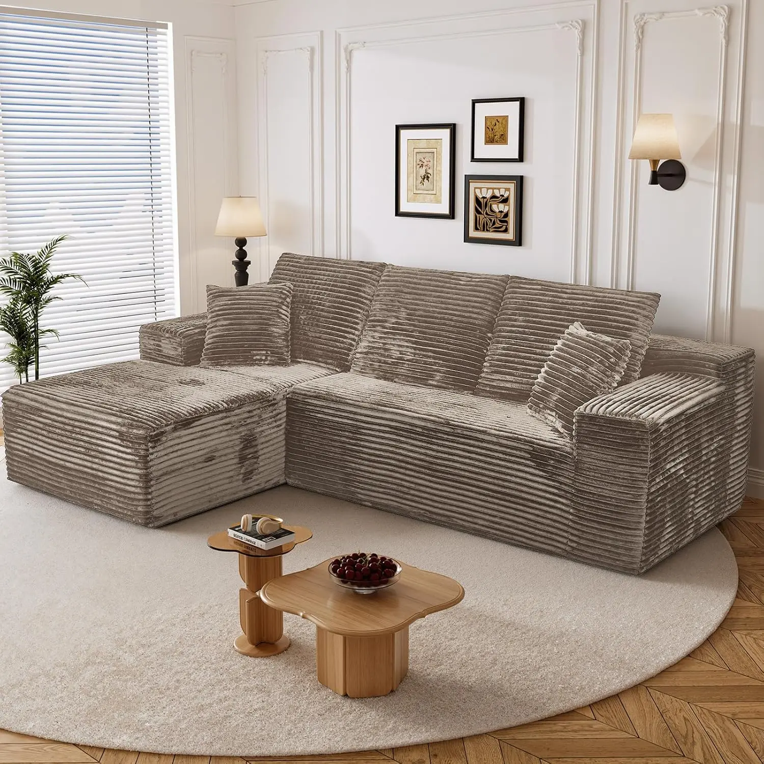 106-in Oversized L-Shaped Boneless Sectional Sofa (Furniture for Living Room Apartments), Comfy Corduroy Convertible Floor Cloud Sofa with Chaise, Wide Armrest, Deep Seat, Memory Foam, Tool-Free Assembly, Khaki, Sofas Living Room