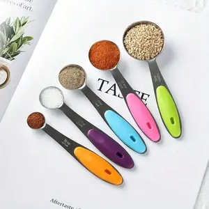 5pcs Stainless Steel Measuring Spoon Set With Silicone Handles - Perfect For Cooking And Baking, Food-, No Electricity Needed, Includes 1/4, 1/3, 1/2, 2/3, And 1 Cup Spoons, Kitchen Essentials|Stainless Steel Spoons|Durable Kitchenware Utensils