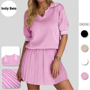 Imily Bela Womens Summer 2 Piece Skirt Sets Short Sleeve V Neck Knit Sweater Tops Pleated Mini Skirt Casual Beach Outfits