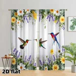 2D Flat 2Pcs Hummingbird Floral Curtains with Daisy Lavender Print, Colorful Birds Design, Rod Pocket Style, Semi Sheer Polyester, Light Filtering Window Treatment for Living Room Bedroom Kitchen Balcony Home Decor, Nature Theme Garden