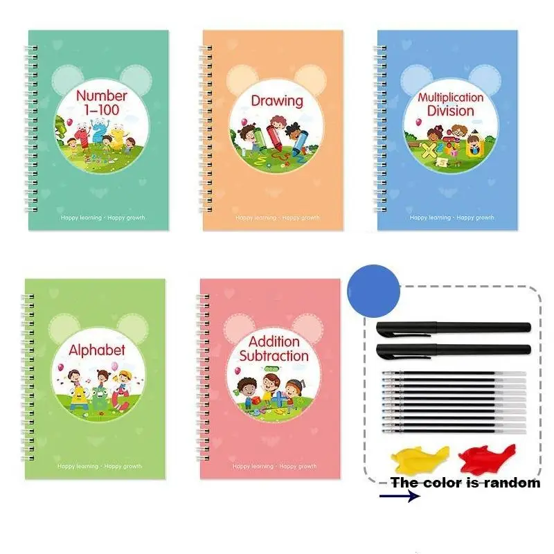 Reusable Magic Writing Practice Copybook, 5pcs Handwriting Practice Book with 10 Pen Refill & 2 Pen, Educational Material Suitable for Kindergarten Sc