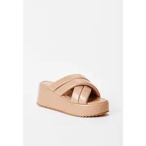 JUST FAB Women's Platform Wedge Sandals 2.75" Heel  Slip-On Crisscross Slide Sandals for Summer Beach Crisscross Padded Strap