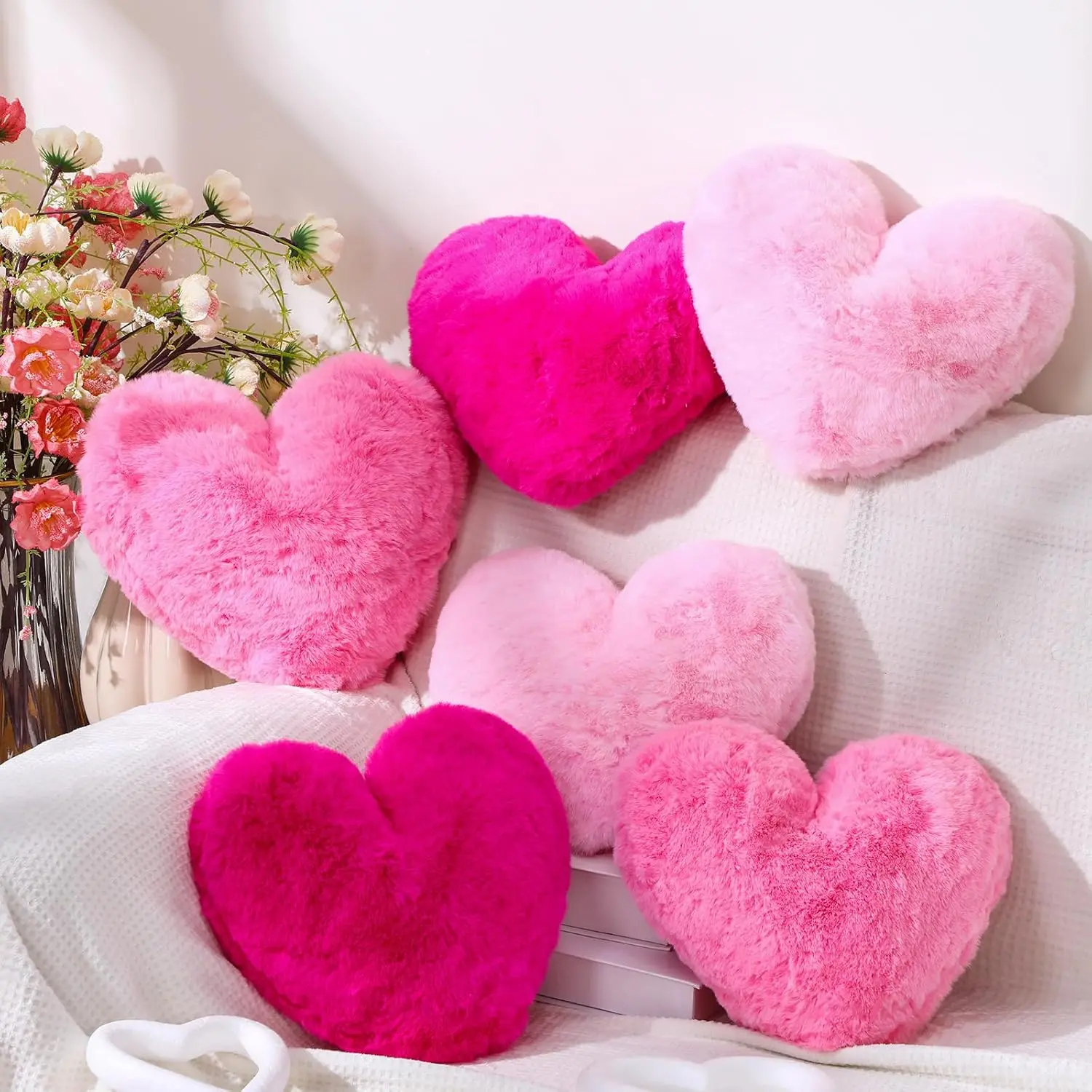 6-Pack Synthetic Faux Heart Shape Pillows, Fluffy 11.8x11x2.7in Cute Decorative Cushions for Home, Bed, Sofa - Whimsical House & Room Decor (Rose Red, Light Pink, Vibrant Hue)