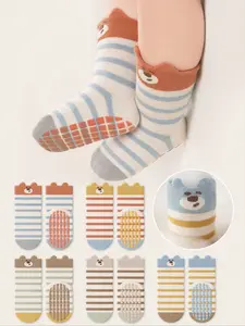 3 Pairs Baby Floor Socks Cartoon Stripe Bear Pattern, Soft Sole Non-Slip Indoor Shoes for Boys & Girls, Casual Daily Wear