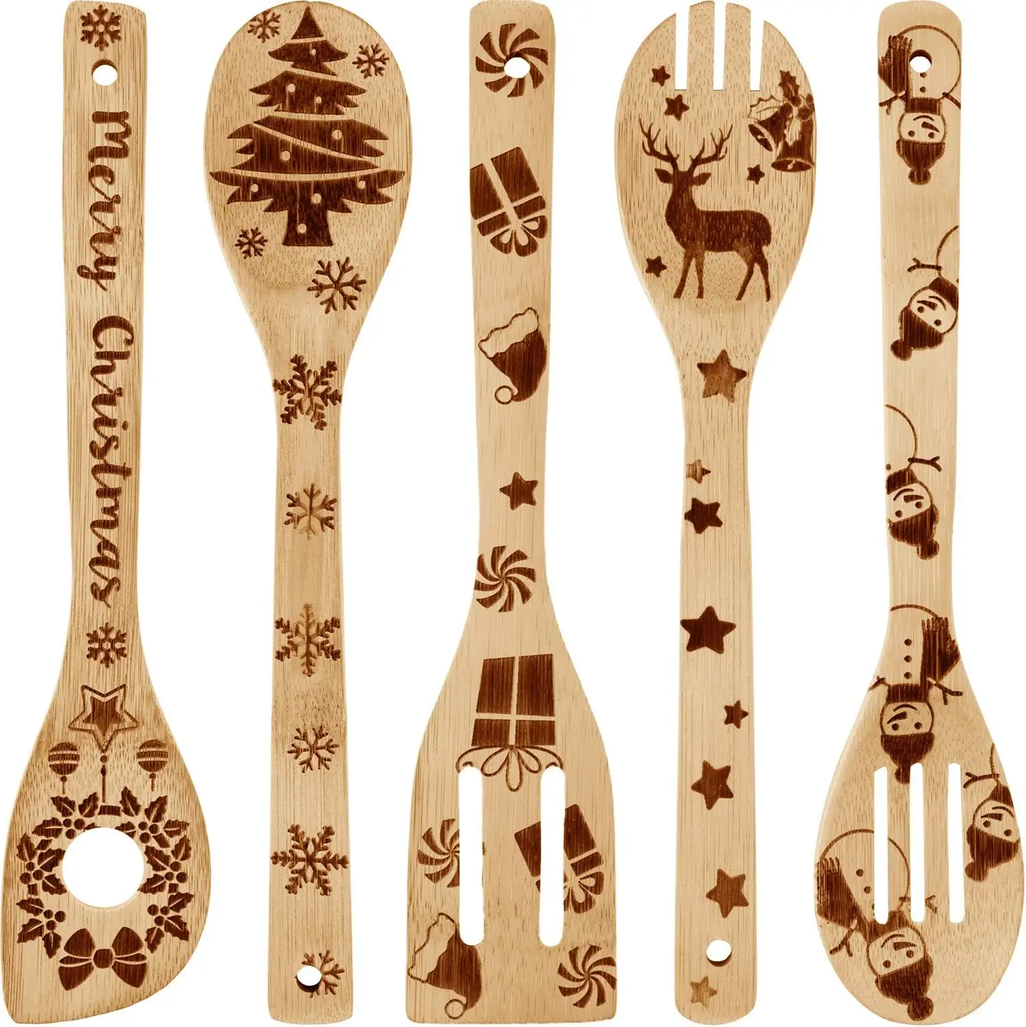 Boao 5 Pieces Christmas Wooden Spoons Set Christmas Utensils Burned Kitchen Cooking Utensils for Baking Choliday Gift House Present Supplies