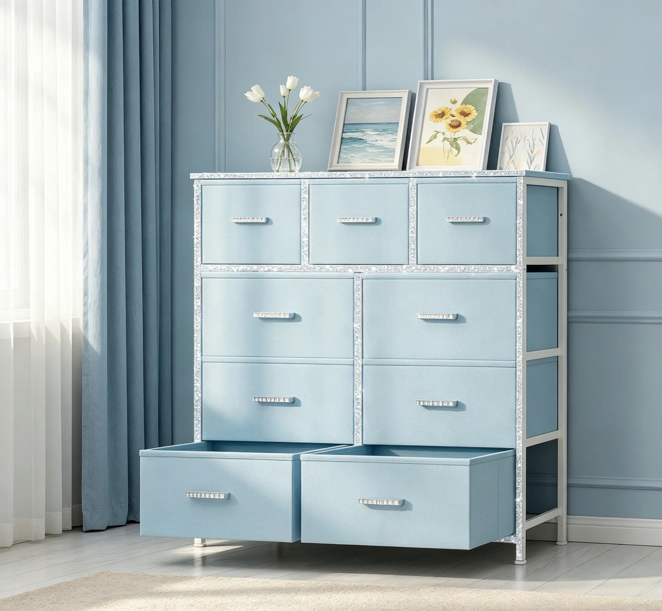 【Blue!!】Mr IRONSTONE Dresser with 9 Drawers, Blue Dresser for Bedroom Drawer Organizer Storage Drawers, Fabric Storage Tower with 9 Drawers, Chest of Drawers with Steel Frame, Wood Top for Nursery, Living Room, Closet, Deals for You Days