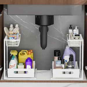 Under Sink Organizers and Storage 2 Tier Slide Out Kitchen Cabinet Organizer Sturdy Metal Bathroom Storage 2 pieces Adjustable Hooks