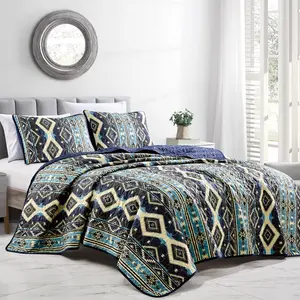 Modern Printed Comfortable Soft  Reversible blue Quilt Set -  Available in both King or Queen Sizes for RV for Airbnb