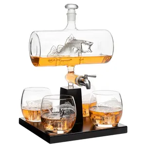 Bass Fish Wine & Whiskey Decanter Set 1100ml by The Wine Savant with 4 Bass Whiskey Glasses, Fishing Gifts, Fisherman Gifts, Boating Gifts, Drink Dispenser Scotch, Bourbon, Gifts for Dad