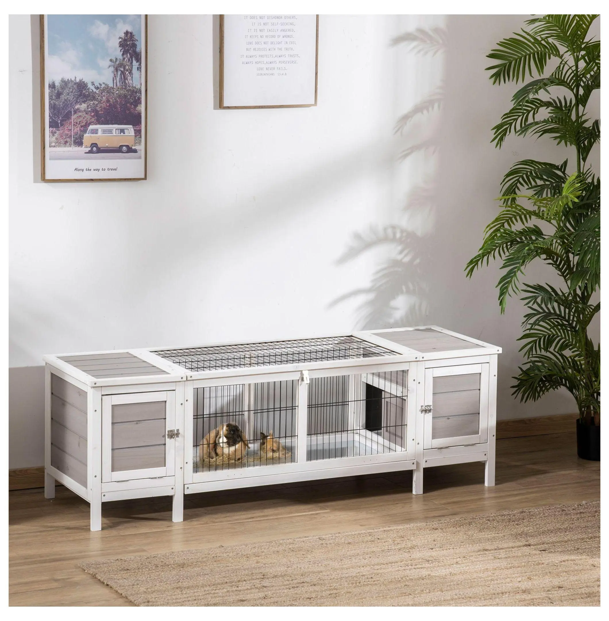 63.5" Solid Woody White Wood Rabbit Hutch - Indoor Habitat for Bunnies & Guinea Pigs with Pull-Out Tray, Divider, and Airflow Design, Left/Right