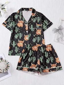 Women's Sleepwear Set, Tiger Print Cactus Pattern, Comfortable Collared Top and Shorts, Casual Short Sleeve, All Seasons, Pajama Set, Pajama Shorts Pyjama