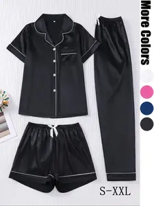 Women's Solid Satin Pyjama Three-piece Set, Elegant Comfy Short Sleeve Lapel Neck Button Up Top & Shorts & Pants PJ Set, Ladies Sleepwear for All Seasons
