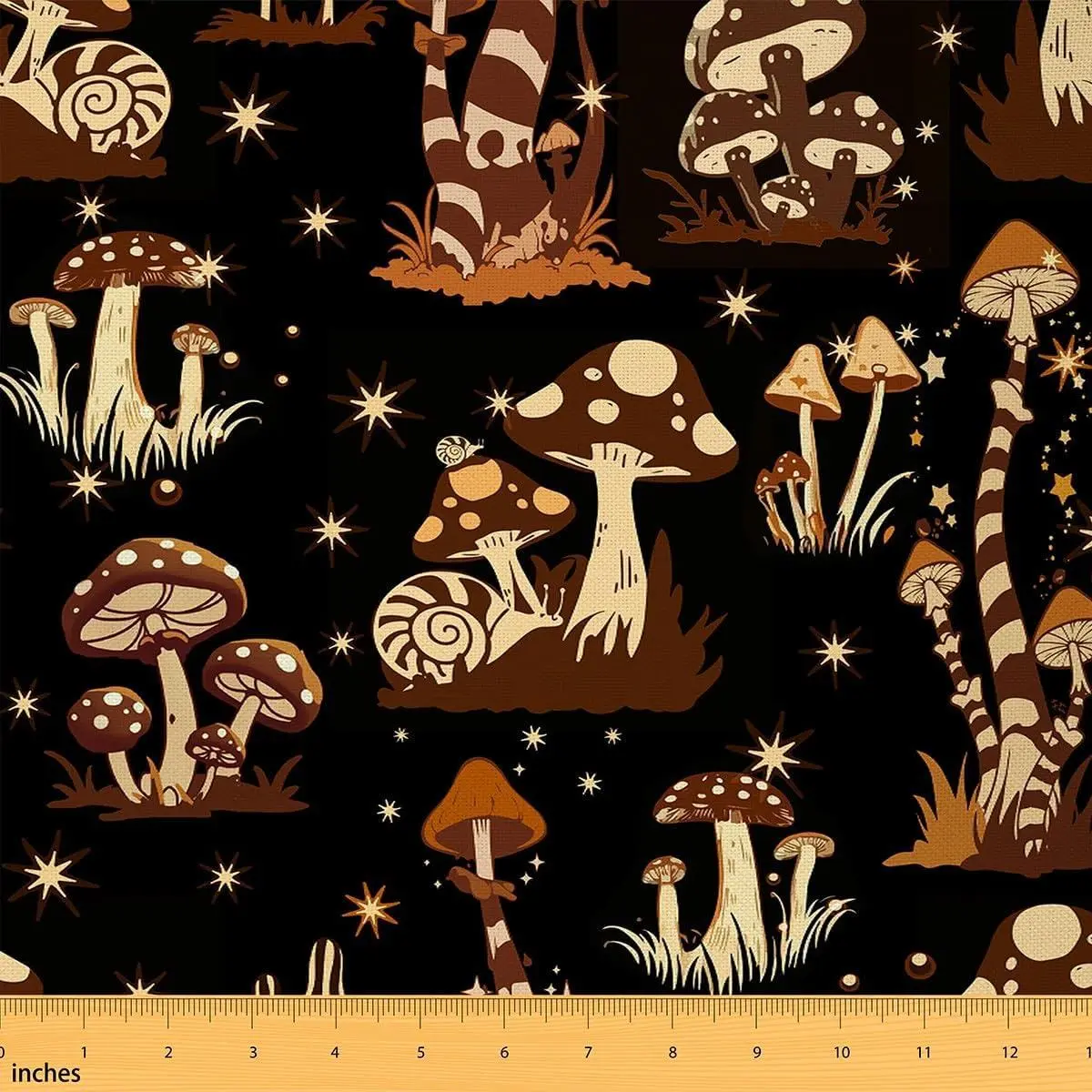 Cute Mushroom Decor Fabric,Kawaii Fungus Pattern Upholstery Fabric Chairs,Cartoon Mushrooms Decorative Soft Flannel,,Brown Yellow