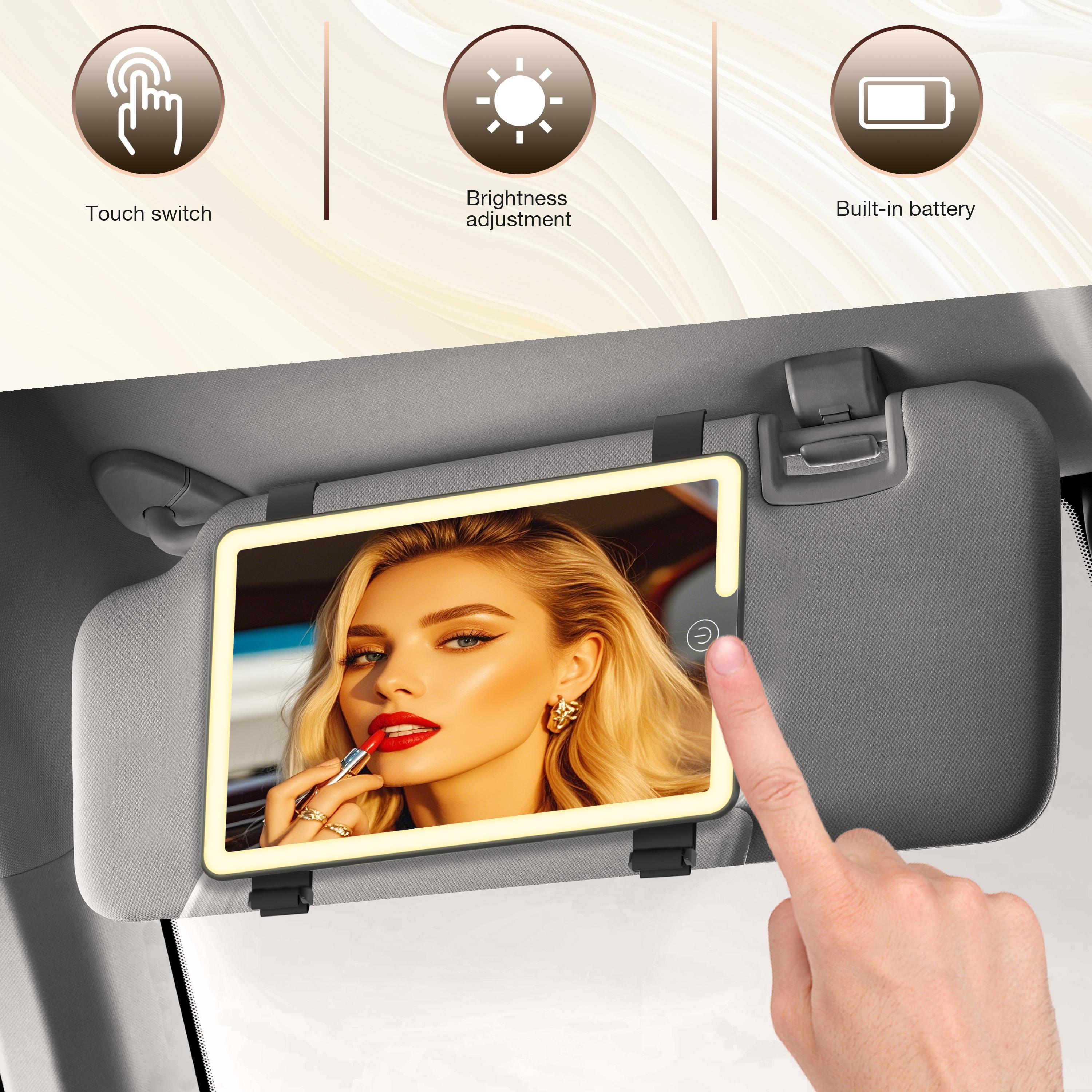 LED Car Sun Visor Makeup Mirror: Rechargeable with 3 Light Modes, Touch Dimming, and Adjustable Strap