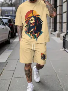 Men's 3D Digital Print Two-Piece Set, Vibrant Reggae Character Headshot Print Trendy Men's Set, Vacation-Style Trendy Outfit, Breathable Sporty Casual Leisure Style, Perfect Festival Gift for Men