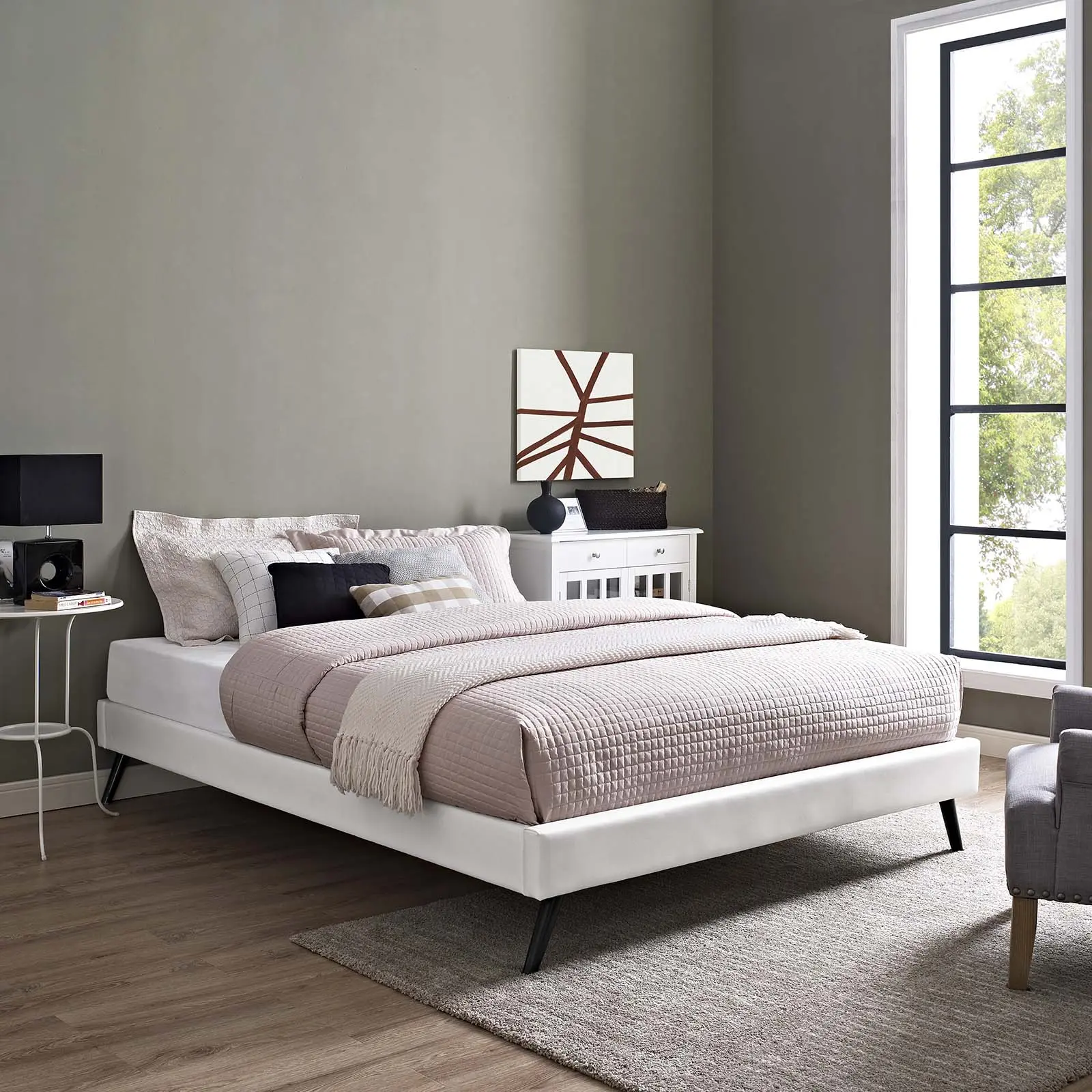 Modway Loryn Full Vinyl Platform Bed Frame - Mid-Century Modern Beds, Sturdy Round Splayed Legs, White Finish, Memory Foam Mattress-Supporting, Indoor Use