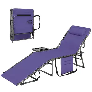 Purple outdoor folding chaise lounge with five level reclining back side table pillow shoulder and hand straps ideal for tanning and resting by the poolside