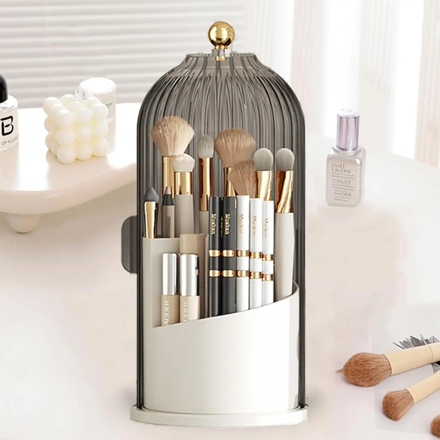 Kleoa ulop Elegant Toothbrush Holder with Transparent Door Lid, 360 Rotating Clear Organizer for Vanity, Bathroom & Desktop Countertop Storage