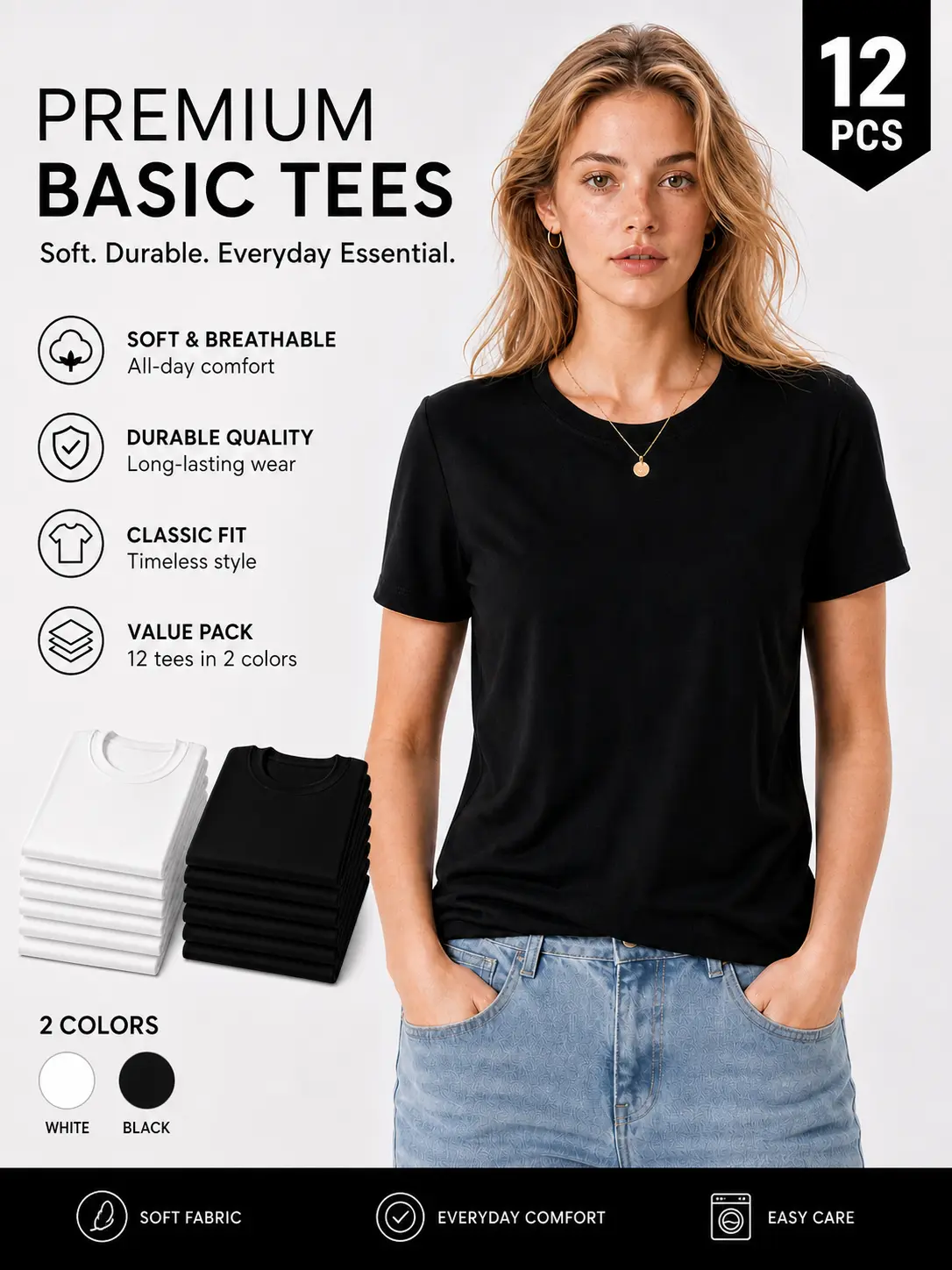 Women's 12-Pack Basic Crewneck T-Shirts, Summer Streetwear Women's Tops