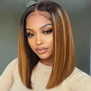 Sunber Brown With Blonde Piano Highlights 7X5 Short Bob Wig with Dark Root Straight Shoulder length Glueless Human Hair Wigs