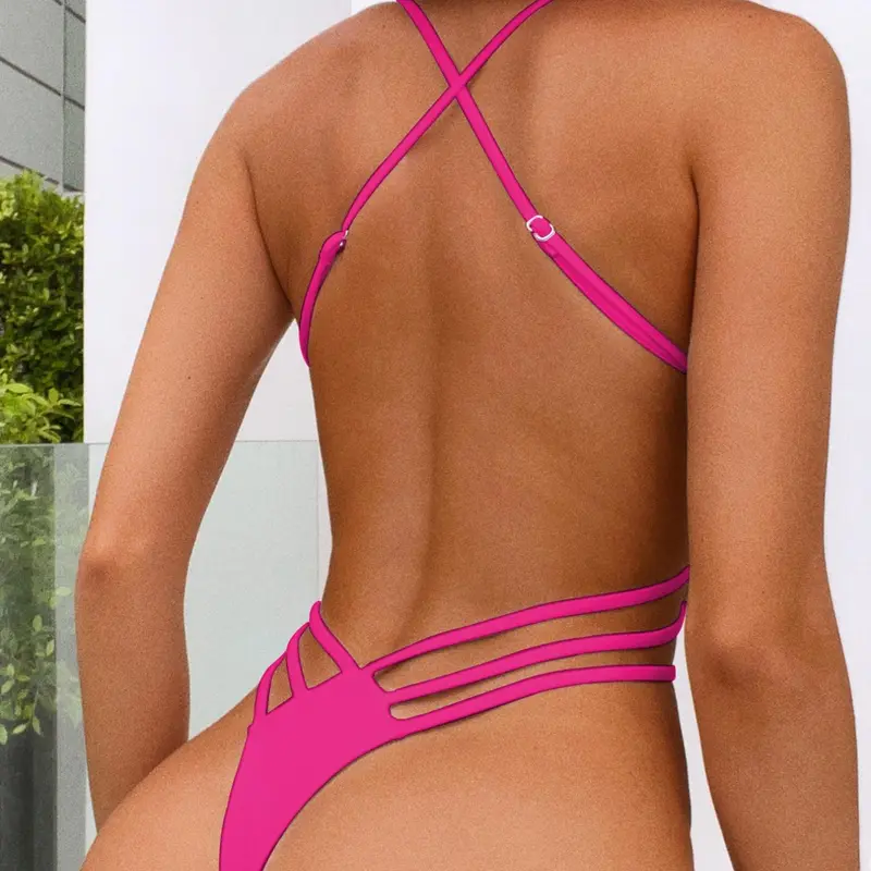 Women's Solid Criss Cross Backless One-piece Swimsuit, Casual Fitted Swimwear for Beach Holiday Vacation, Swimming Bathing Suit, Ladies Swimsuit for All Seasons, Sexy Fashion Plain Cut-Out Beachwear, Fashionable Swimsuit