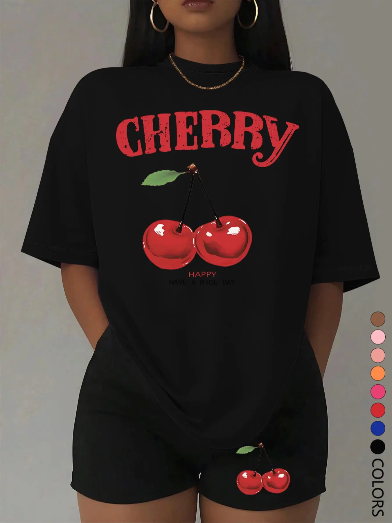 Two-piece Set Women's Cherry Print Short Sleeve Tee & Skinny Shorts, Casual Round Neck T-shirt & Shorts for Daily Wear, Ladies Summer Clothes, Casual Fashion Set, Suits, Womenswear, Matching Sets, Casual Loungewear Set, Outfit Sets