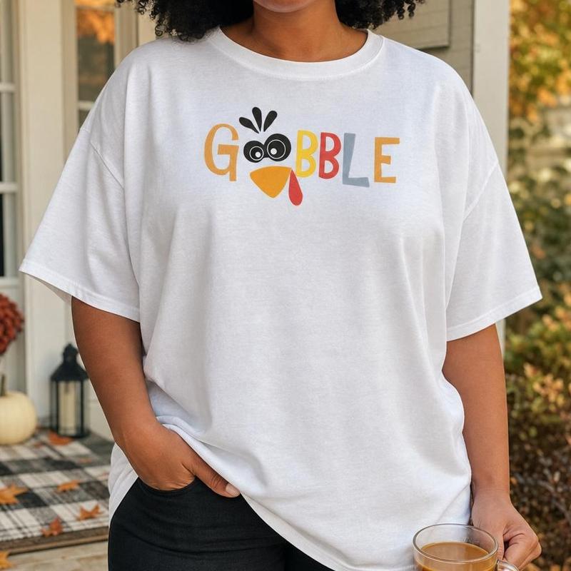 Women's 100% Cotton Crew Neck (Round Neck) Drop Shoulder Short Sleeve Loose-Fit Thanksgiving Gobble Turkey Graphic Print Tshirt - Casual Fall Festive Casual Wear Tops