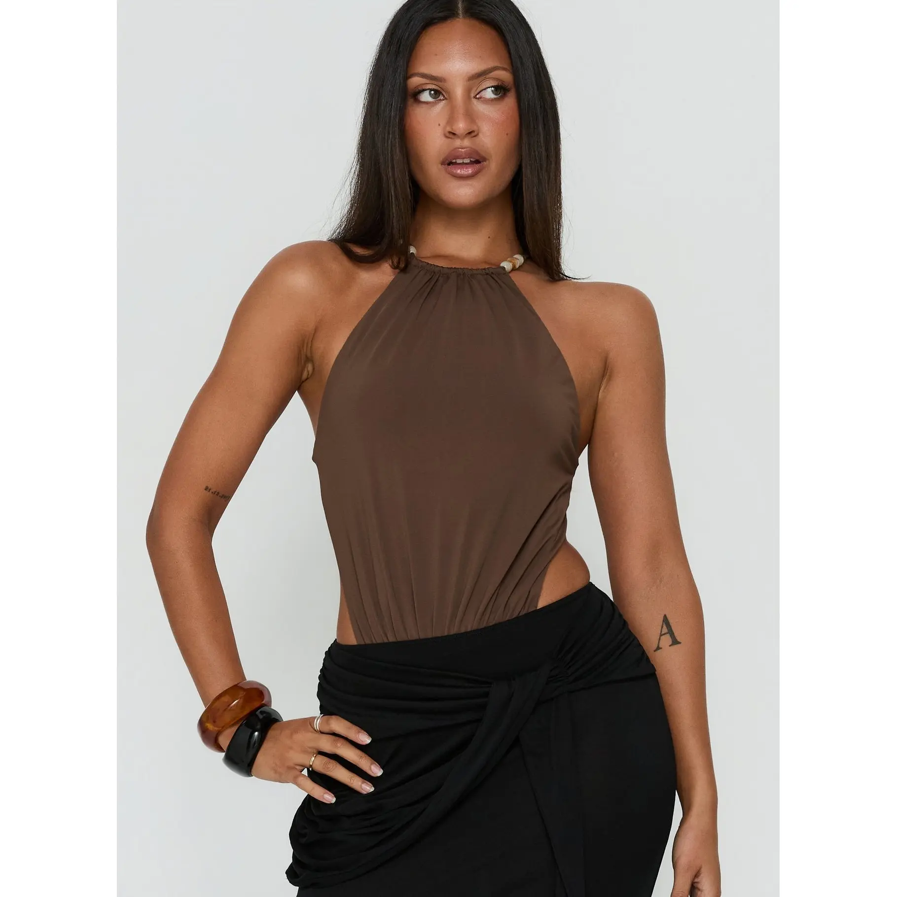 Noree Bead Detail Bodysuit Mocha