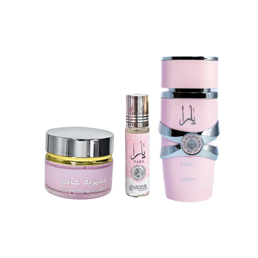 LATTAFA YARE COMBO SET YARA EAU DE PARFUM 3.4FL.OZ, YARA ROLL-ON 0.34 FL.OZ  AND YARA MUKHAMMARIA JAMID 20 GRM Skin Care