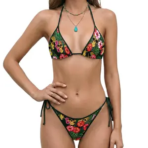 Pineapple Skull Hibiscus Women’s String Bikini Set, Triangle Two Piece Swimsuit