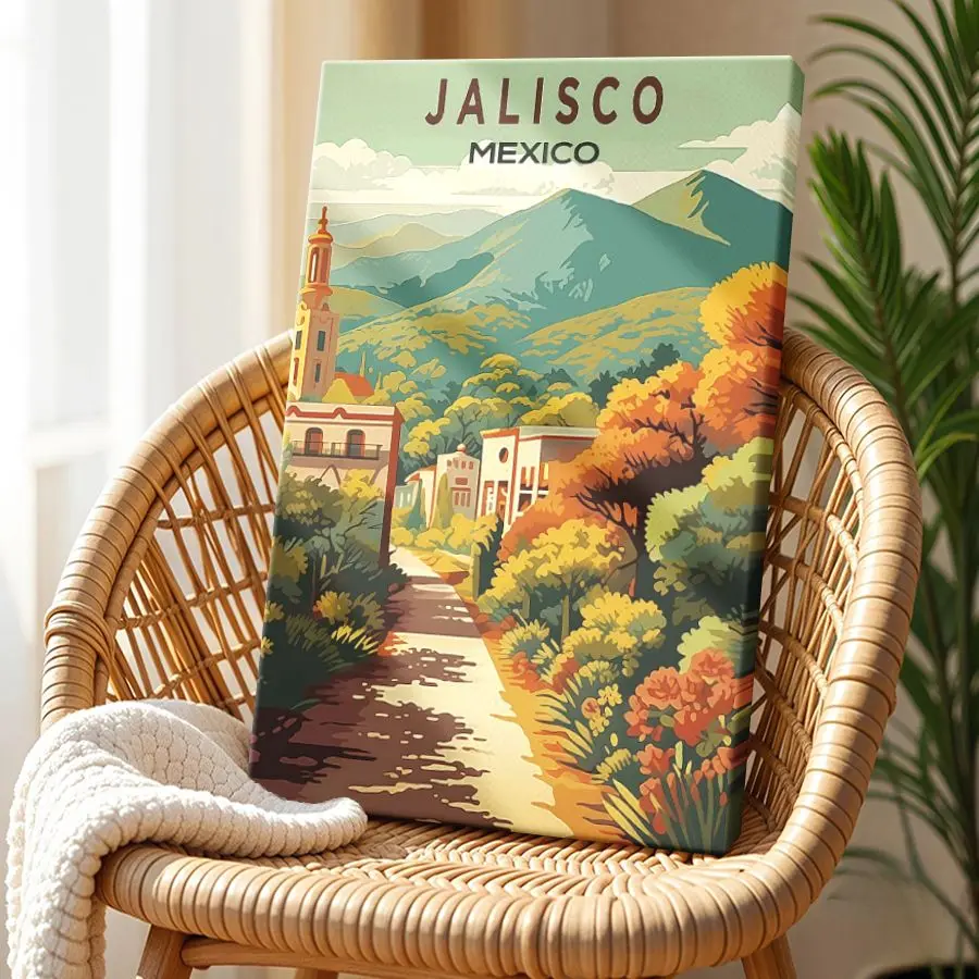 Wrapped Framed Canvas Wall Art, Vintage Prints Poster, Jalisco Mexico Print - Vibrant Illustration of Mexico's Heartland - Multiple - Framed, Vertical Decor Wood Paint Water Proof wall decor posters