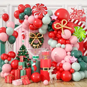 137Pcs Christmas Balloon Garland Arch Kit - Festive Red, Green & Pink Assortment with Candy Cane Aluminum Film Balloons, Golden Twist for Holiday Party Decor, Suitable 14+ Ages, Perfect Christmas, New Year Birthday Celebrations
