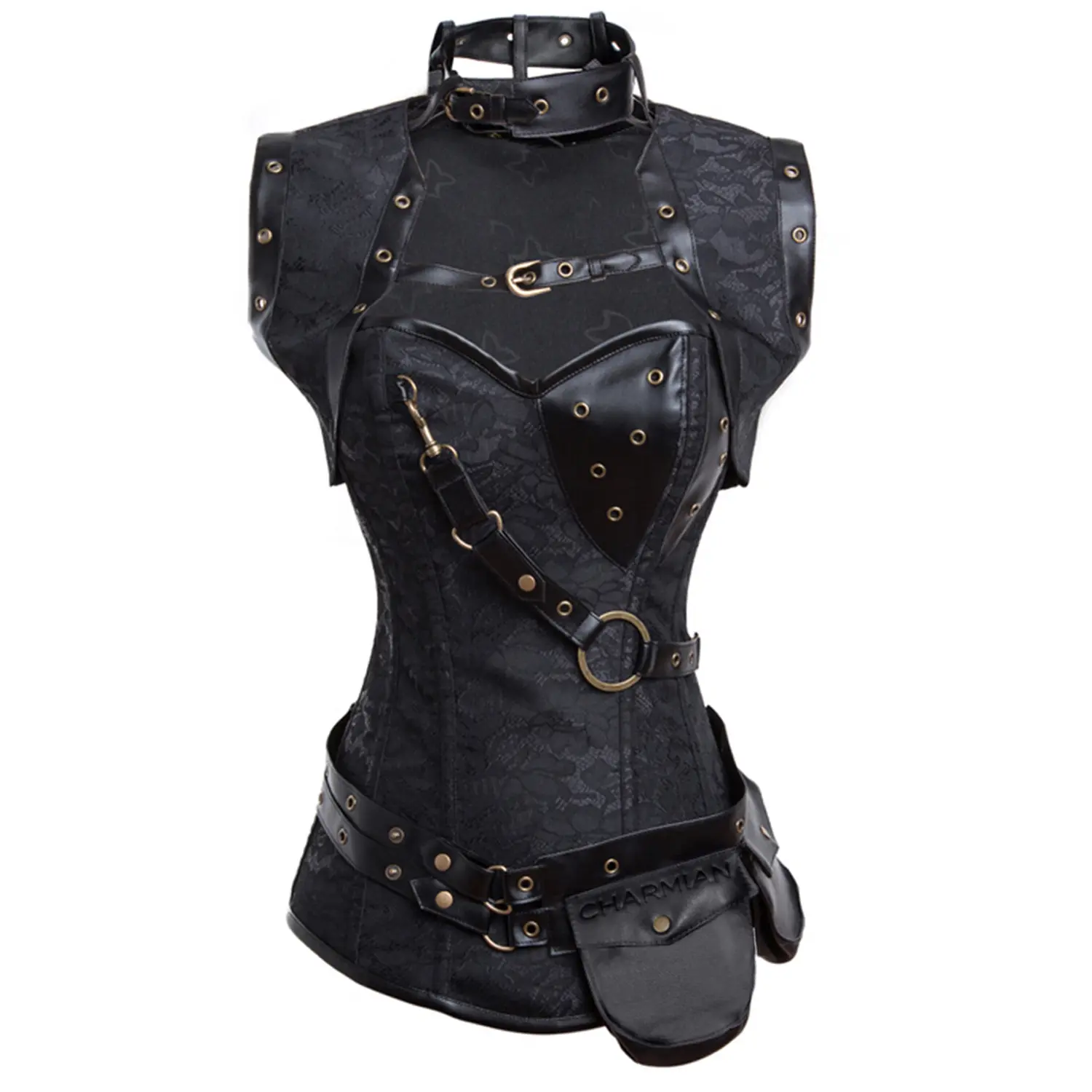 Charmian Women's Steampunk Corset, Vintage Overbust Shapewear with Spiral Steel Boning, Faux Leather & Brocade, Detachable Jacket & Pouch Belt, Lady