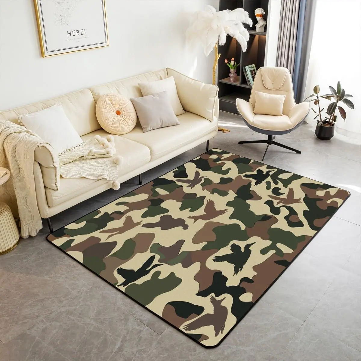 Farmhouse Decorative Rug Living Room Camo Rug Army Camouflage Hunting Carpet Vintage Brown Green Washable Wild Animal Duck Rustic Area Rug