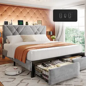 Raybee Queen Bed Frame with Adjustable Headboard & Storage Upholstered Platform LED Bed Frame with USB Outlet & 2 Drawers for Queen King Full Size No Mattress No Noise 900LBS Sturdy Heavy-Duty Metal Construction [Black Friday]