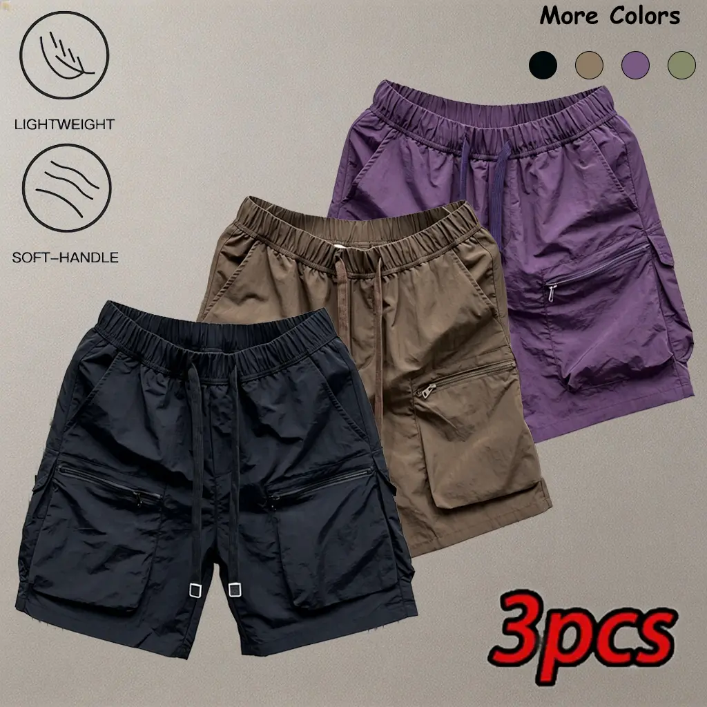 3-Pack Men’s Summer Outdoor Functional Cargo Shorts — Lightweight, Breathable, Quick-Dry, Drawstring Elastic Waist, Zipper Pockets, Casual Athletic Knee-Length Shorts