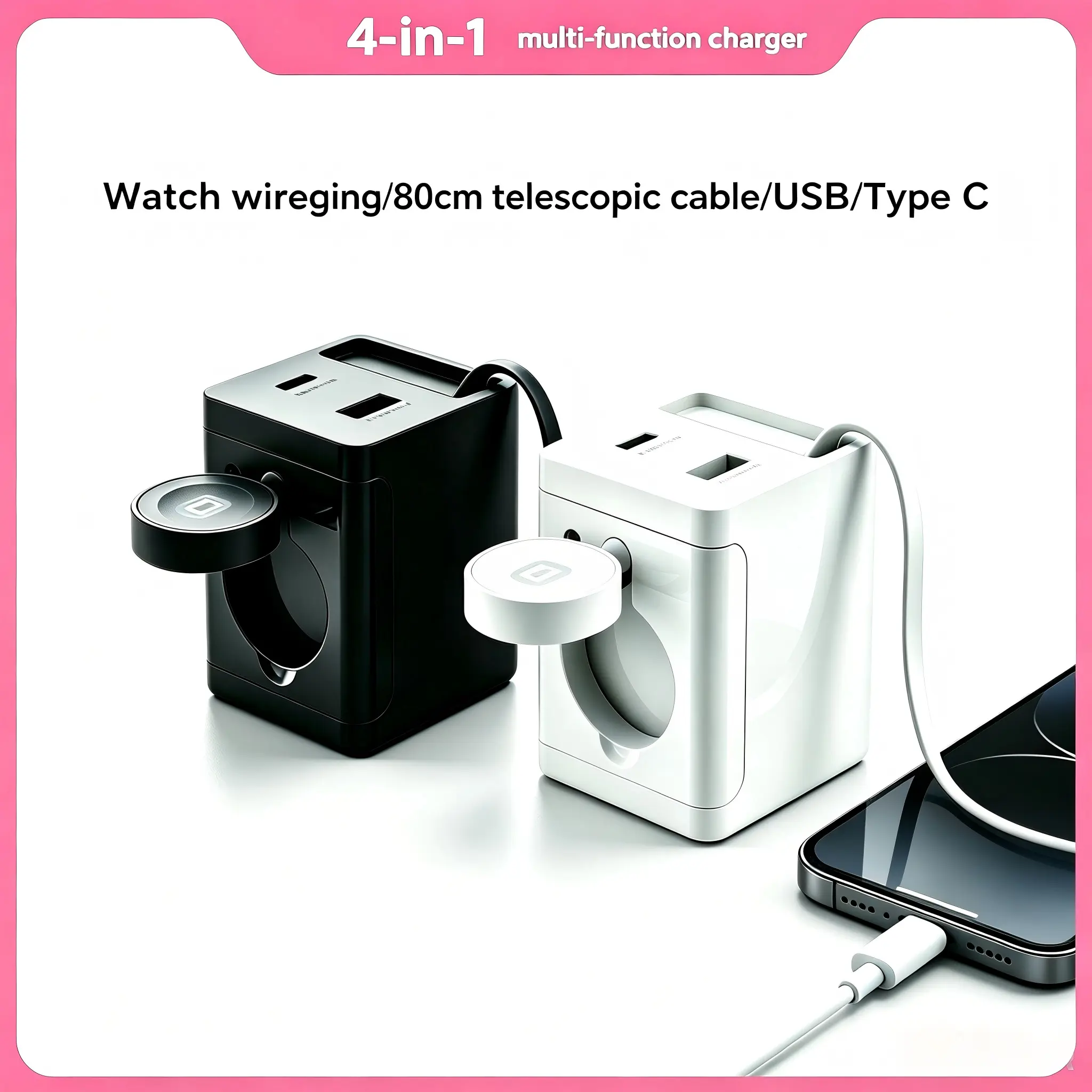 Multi-Function Retractable Portable Charger - 80cm Built-in Cable, 18W USB-A-33W Type-C Ports, Retractable Watch Wireless Charger, Lightweight Mobile Devices Portable Solution, Ideal Gift for Travel & Office