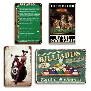 Mancave 4pcs Set Billiards Vintage Metal Tin Signs - Iron Signs 30X20 Cm (8X12 Inches) for Home, Garage, Bar, Cafe, Office & Dorm Decor Gift Signage Led