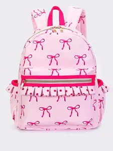 Pink Bow-knot Print With Ruffle Kids Backpack