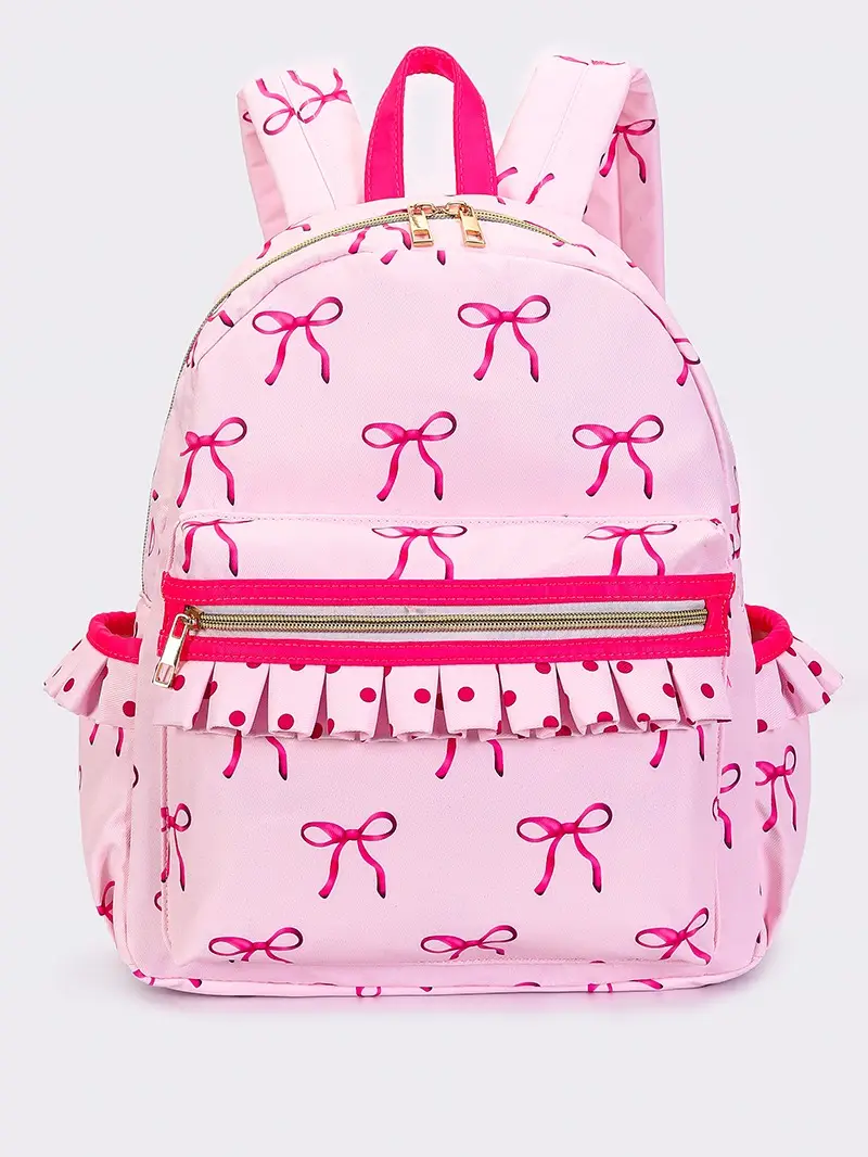 Pink Bow-knot Print With Ruffle Kids Backpack