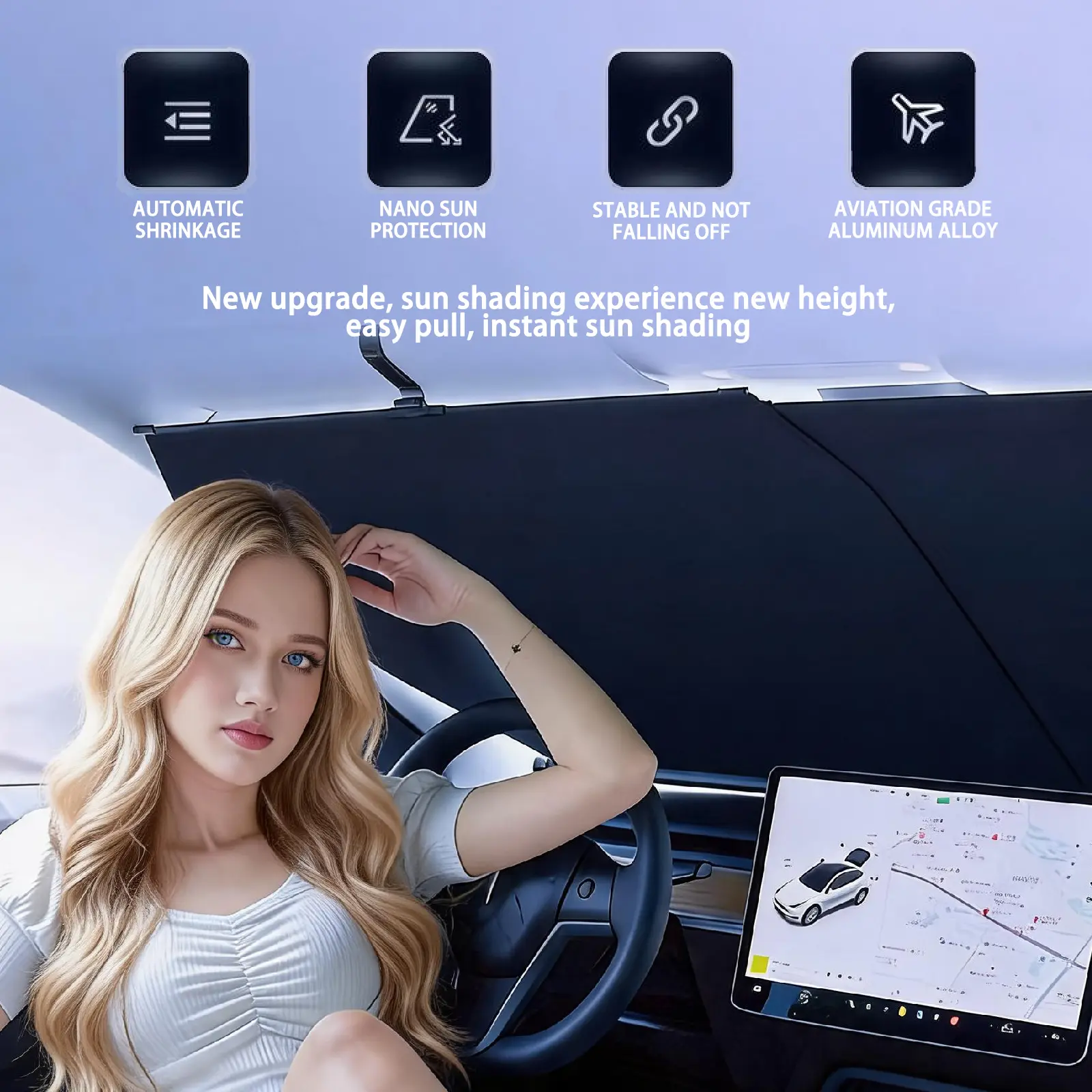 Car Windshield Sunshade - Foldable Retractable Sun Visor, UV Ray & Heat Blocker, Umbrella Design, Motorhome Interior Accessory travelessentials