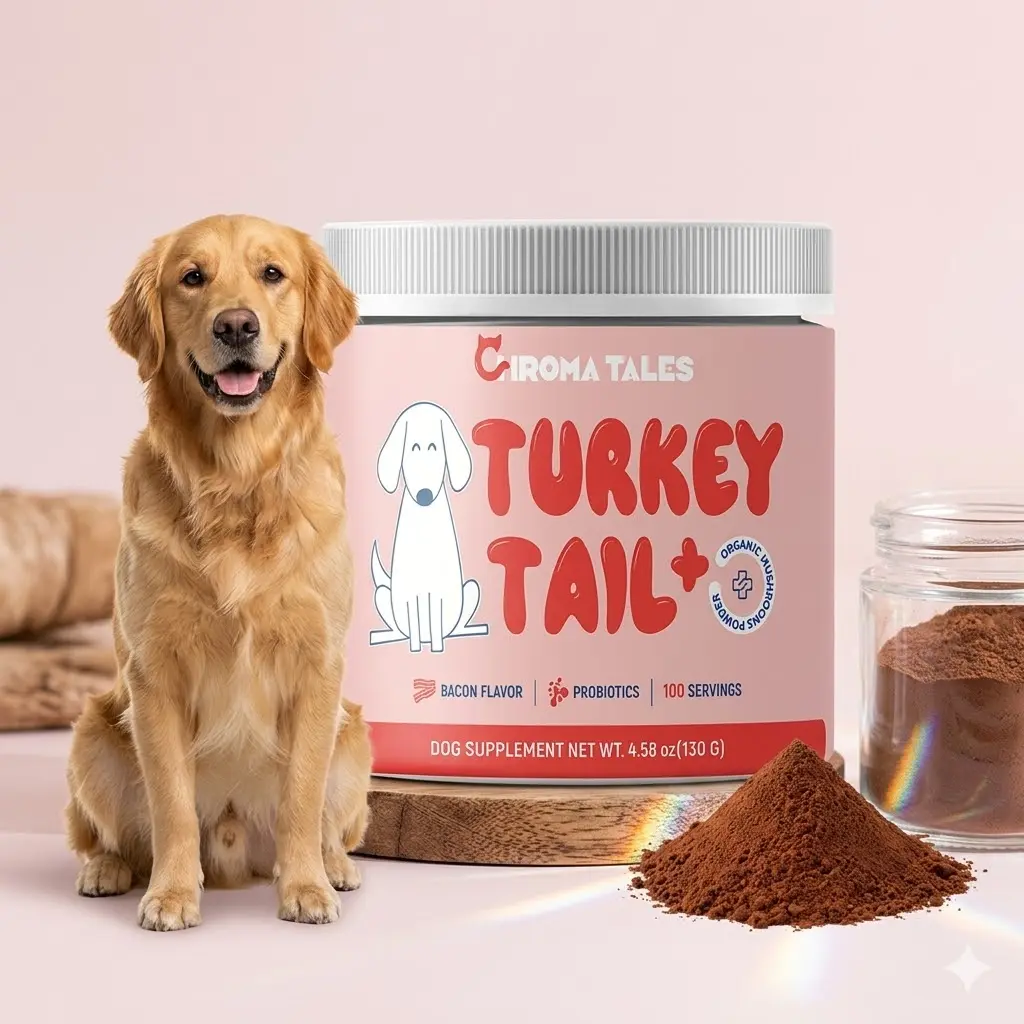 CHROMATALES Turkey Tail+ Grain-Free Dog Food Topper - Bacon Flavor, Limited Ingredient, Probiotics, Puppy Food Supplement, 100 Servings, Aids Lipomas, Supports Immune & Gut Health, Natural Allergy Relief