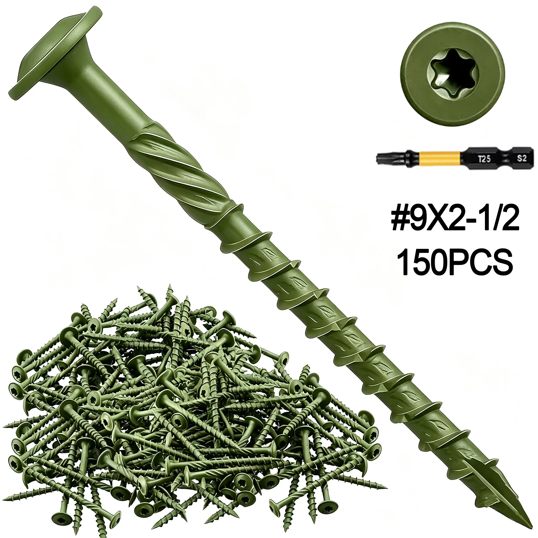 VKKM 150Pcs #9 x 2-1/2 Inch Green Torx Star Drive Knurled Deck Wood Screws, Self Tapping Exterior Weather Resistant Wood Screws with Free T25 Bit for Outdoor Deck Fence Wood Construction Projects