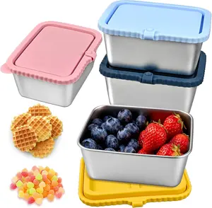 4-Pack Stainless Steel Snack Containers with Silicone Lids, 20oz Leakproof Food Storage Meal Prep Containers Reusable Metal Bento Lunch Snackle Box Container for Travel, Picnics, Office