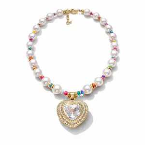 Colorful Beaded Pearl Necklace with Crystal Heart Pendant, Gold Statement Heart Charm Necklace, Romantic Feminine Jewelry Gift for Her-love